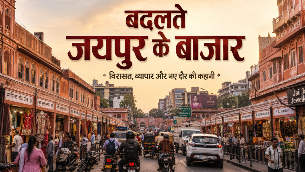 जयपुर के पुराने बाजार में गुलाबी विरासत इमारतों और बदलते शहरी व्यापार का दृश्य