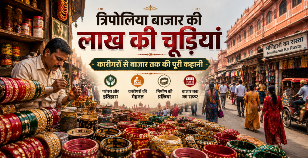 जयपुर के त्रिपोलिया बाजार में लाख की चूड़ियां बनाते कारीगर और पारंपरिक बाजार का दृश्य