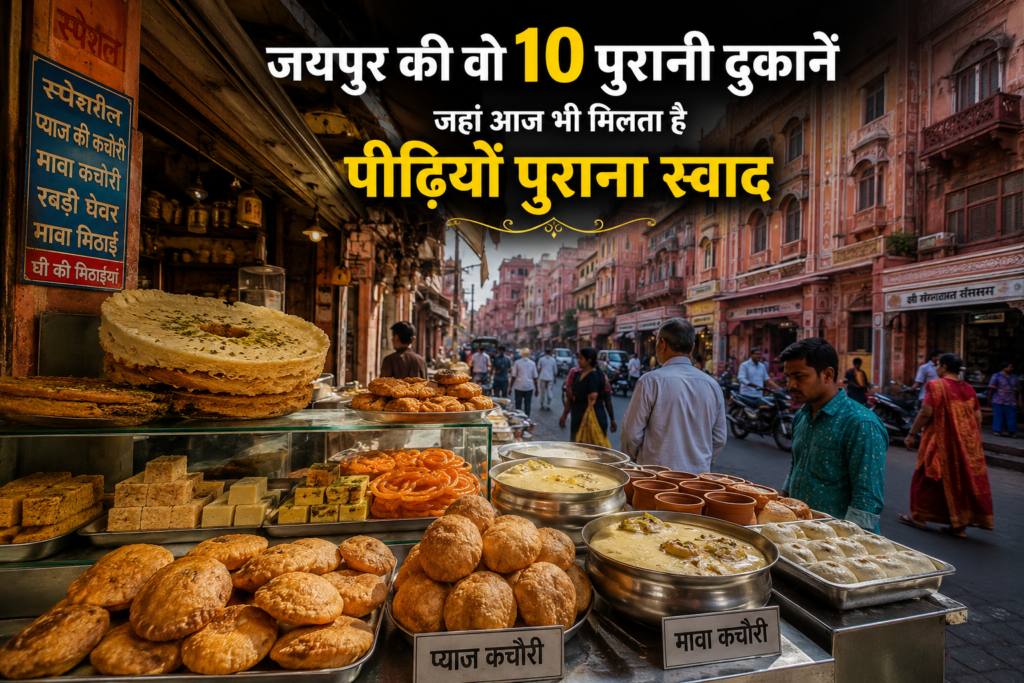 जयपुर के पुराने बाजार में पारंपरिक कचौरी, मिठाई और रबड़ी की दुकान