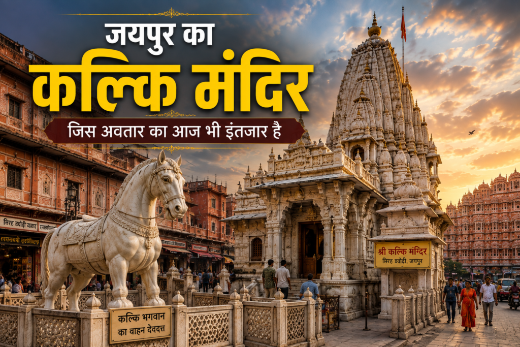जयपुर के सिरह ड्योढ़ी बाजार में स्थित कल्कि मंदिर और परिसर में संगमरमर के घोड़े की प्रतिमा