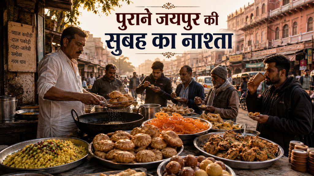 पुराने जयपुर की गली में प्याज़ कचौरी और पारंपरिक सुबह के नाश्ते का दृश्य
