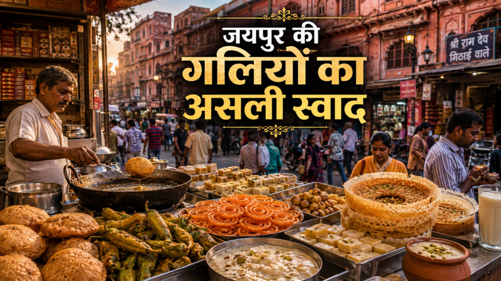 जयपुर की पुरानी गलियों में प्याज कचौरी, मिर्ची बड़ा, जलेबी और पारंपरिक मिठाइयों वाला स्ट्रीट फूड बाजार