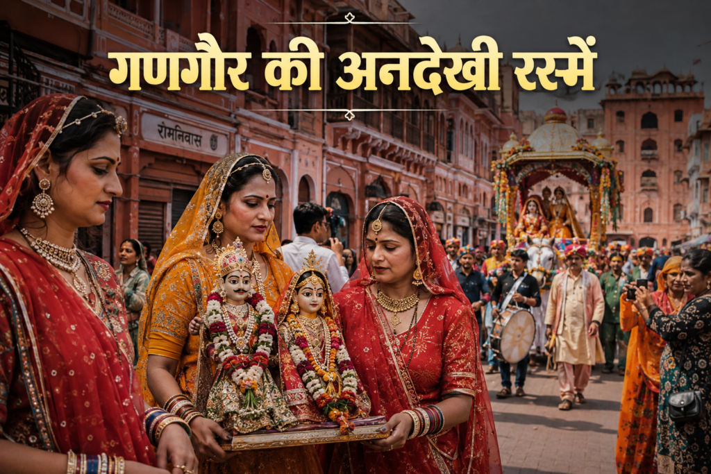 जयपुर के गणगौर मेले में गण-गौरी की पारंपरिक पूजा और राजस्थानी महिलाओं की सांस्कृतिक भागीदारी